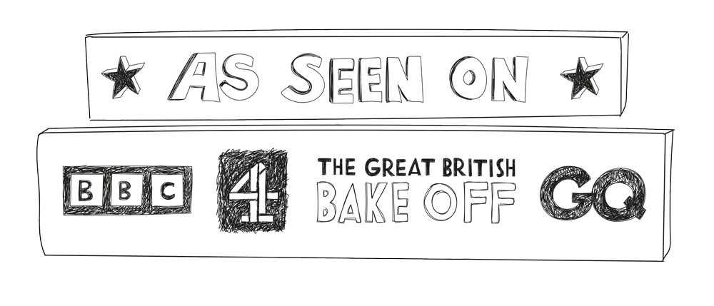 as seen on BBC, Channel 4, The Great British Bake Off, GQ magazine 