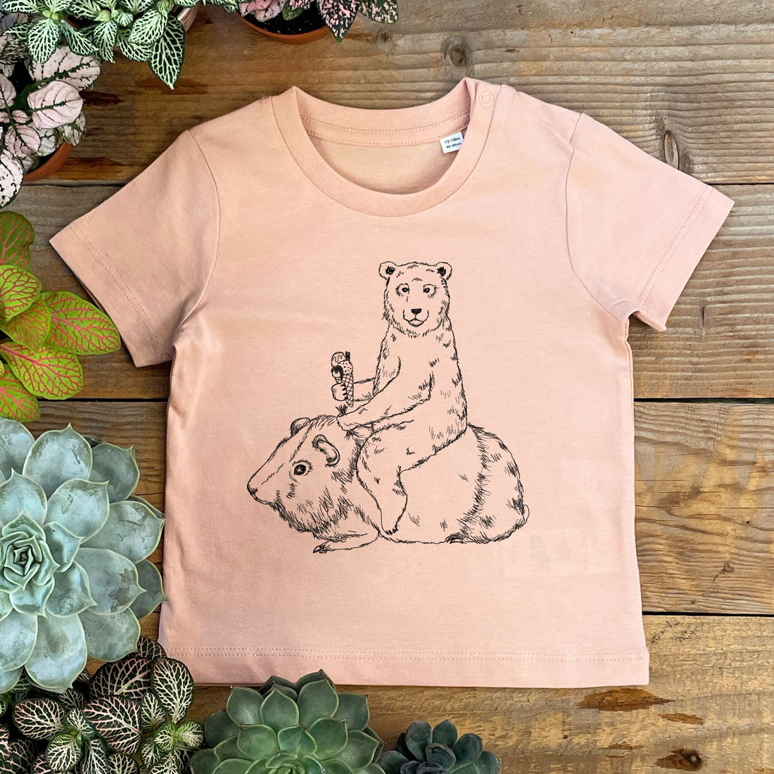 bear riding a guines pig baby tee