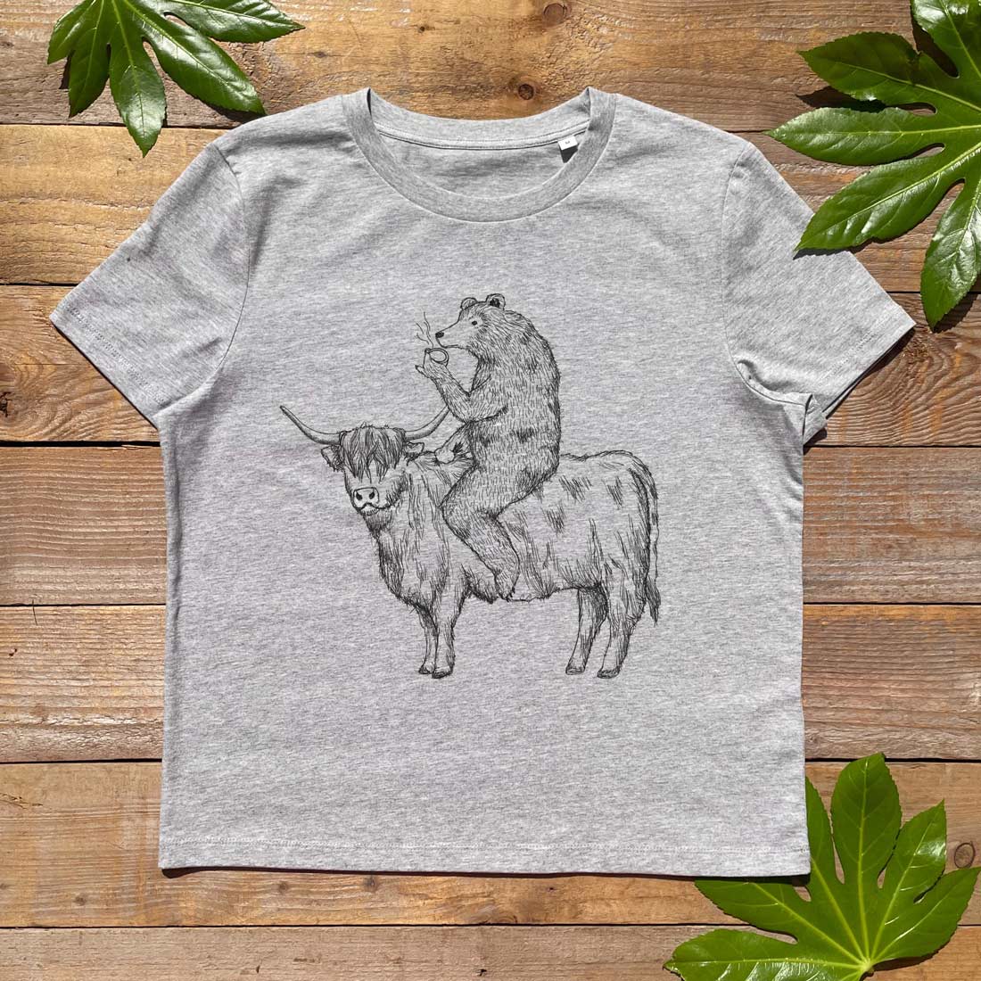 grey womens tee with highland cow and bear