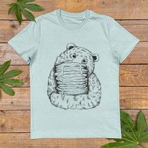 bear and pancakes on a mint tee