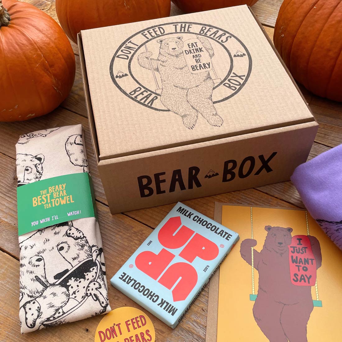 bear gift box with tea towel and chocolate bar