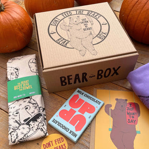 bear box with tea towel, card and chocolate bar
