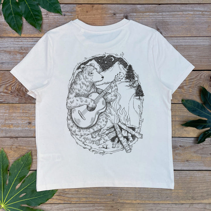 bear with campfire design on tee