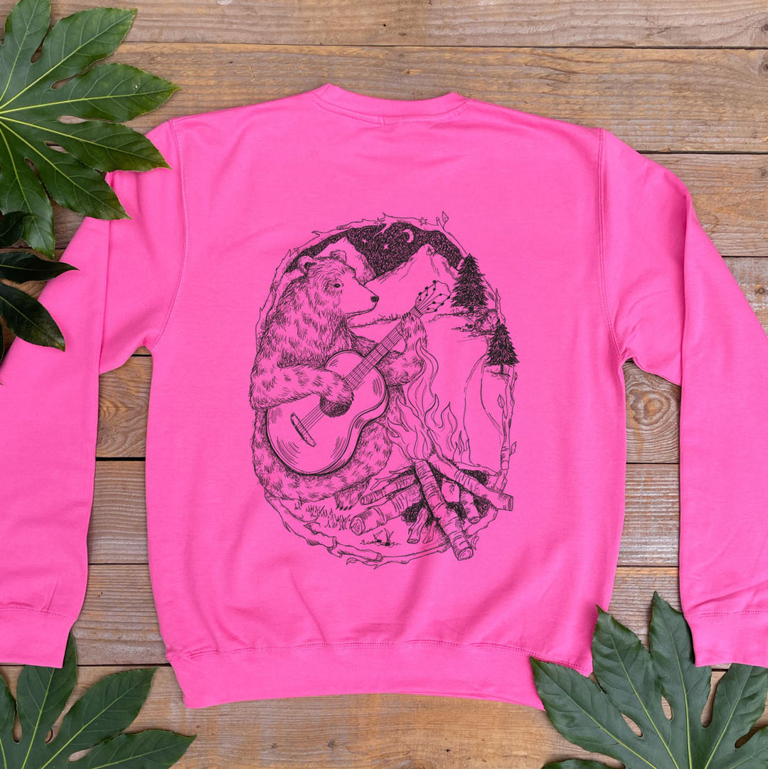 pink jumper with bear and campfire and guitar