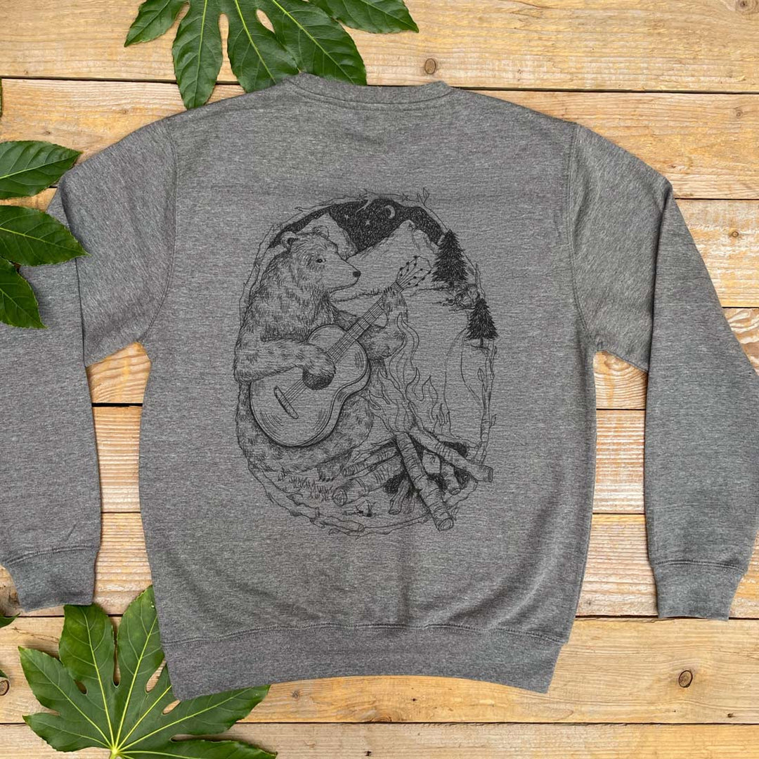 grey jumper with bear and campfire