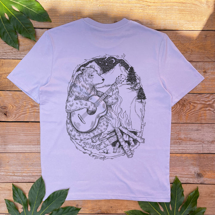 lilac tee with bear playing guitar around a campfire