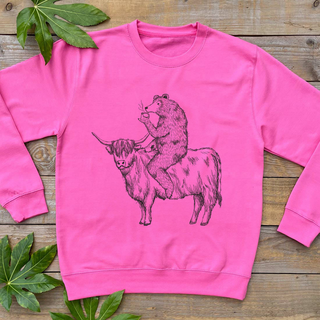 highland cow and bear pink jumper