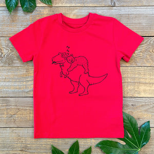 red childs tshirt with bear asleep on  t rex
