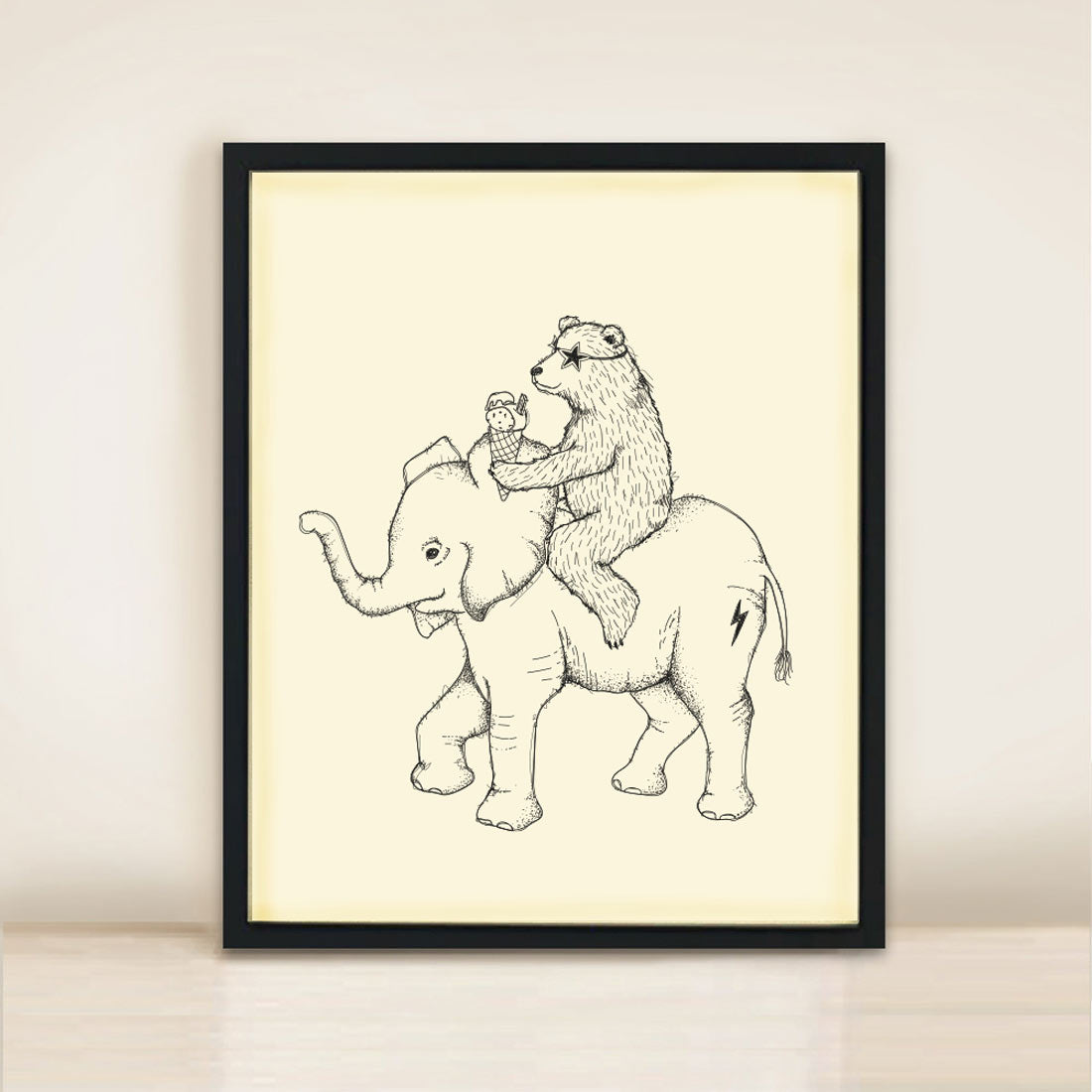 Elephant and Bear cub Poster Print A3