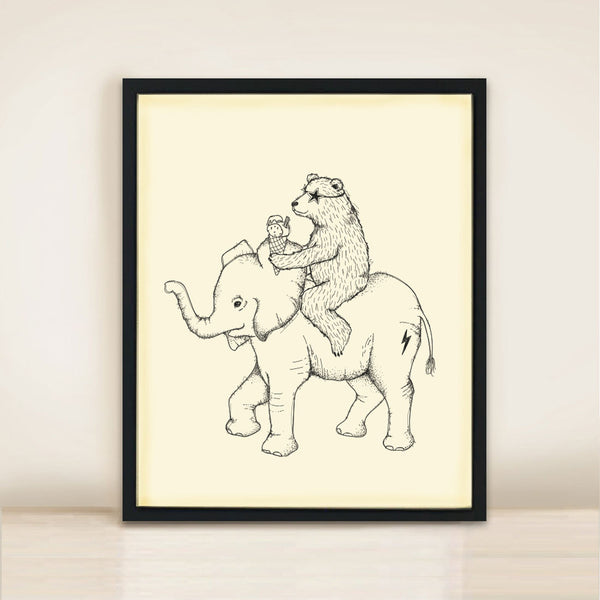 Elephant and Bear cub Poster Print A3