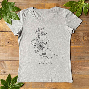 BEAR RIDNG A DINOSAUR TSHIRT WOMENS