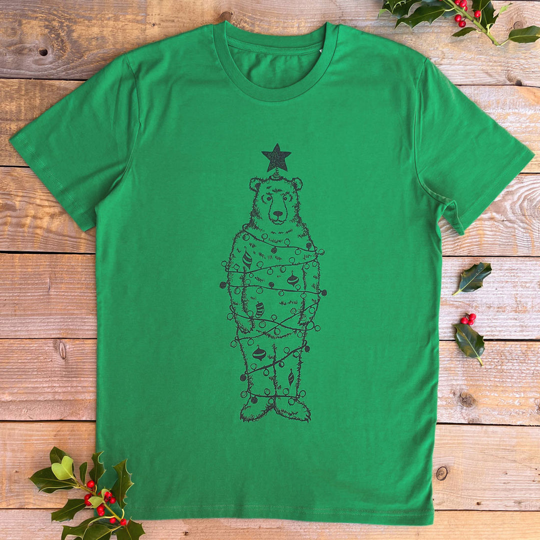 GREEN CHRISTMAS BEAR T-SHIRT. A bear wrapped in christmas lights