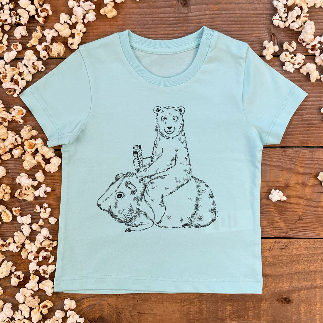 mint baby tee with bear and guinea pig
