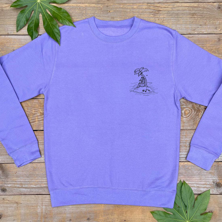 BEAR SAT ON ISLAND WIT PALM TREE PURPLE JUMPER