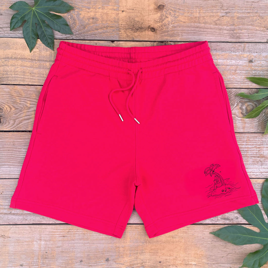 red shorts with island print 