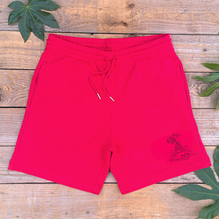 red shorts with island print 