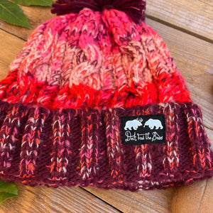 red and pink chunky knit bobble hat
