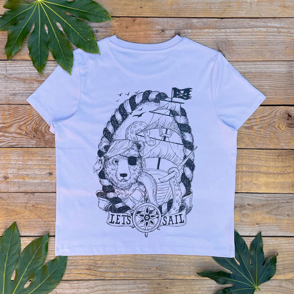 purple tee with bear and ship print