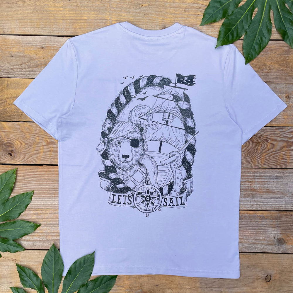 purple tee with bear and pirate ship design