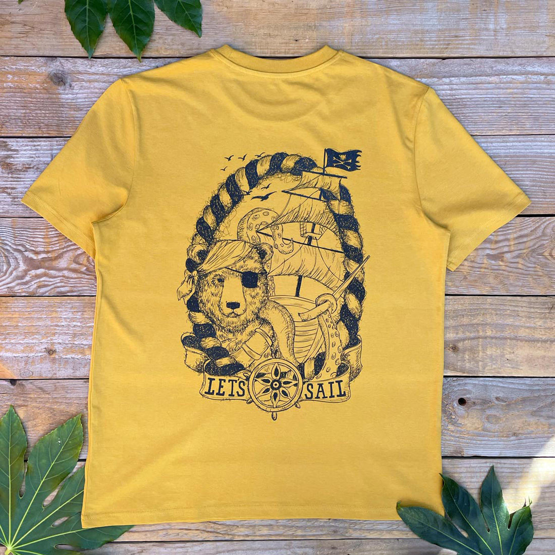 mustard tee with bear and pirates print