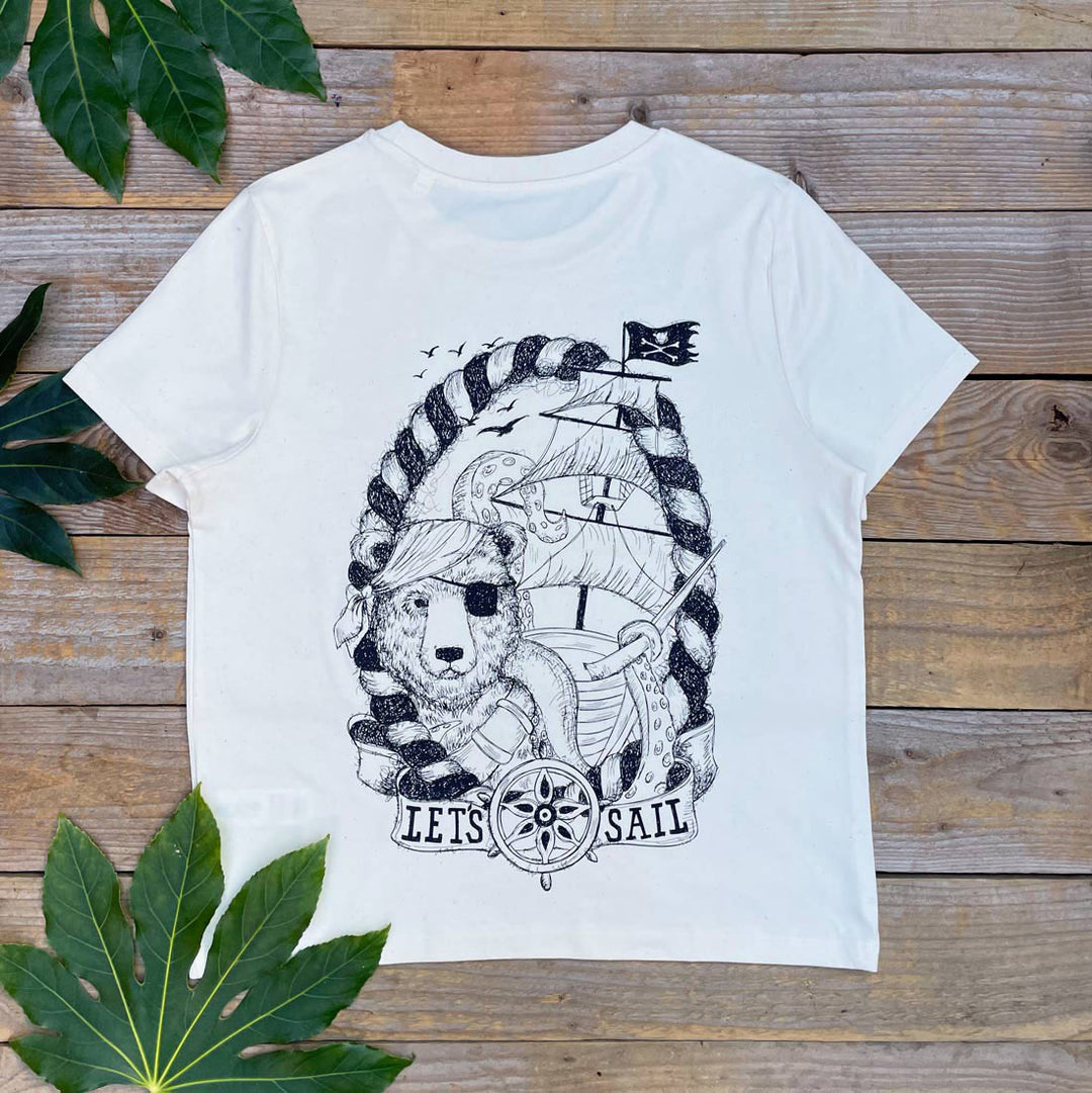 off white tee with handprinted bear design