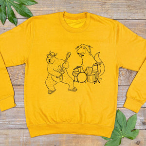 bear and dino ina band mustard jumper