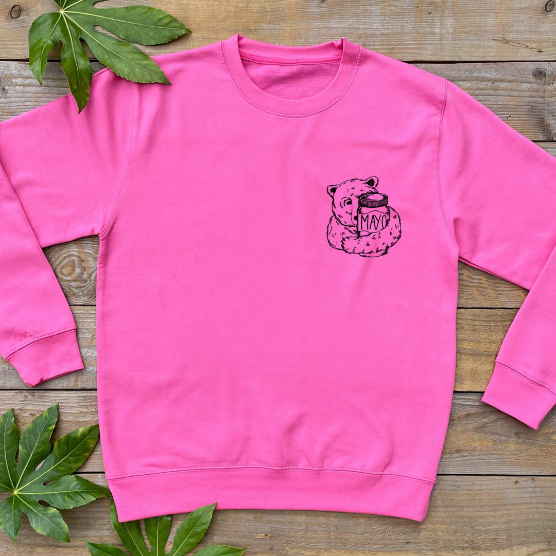 pink jumper with bear and mayo jar