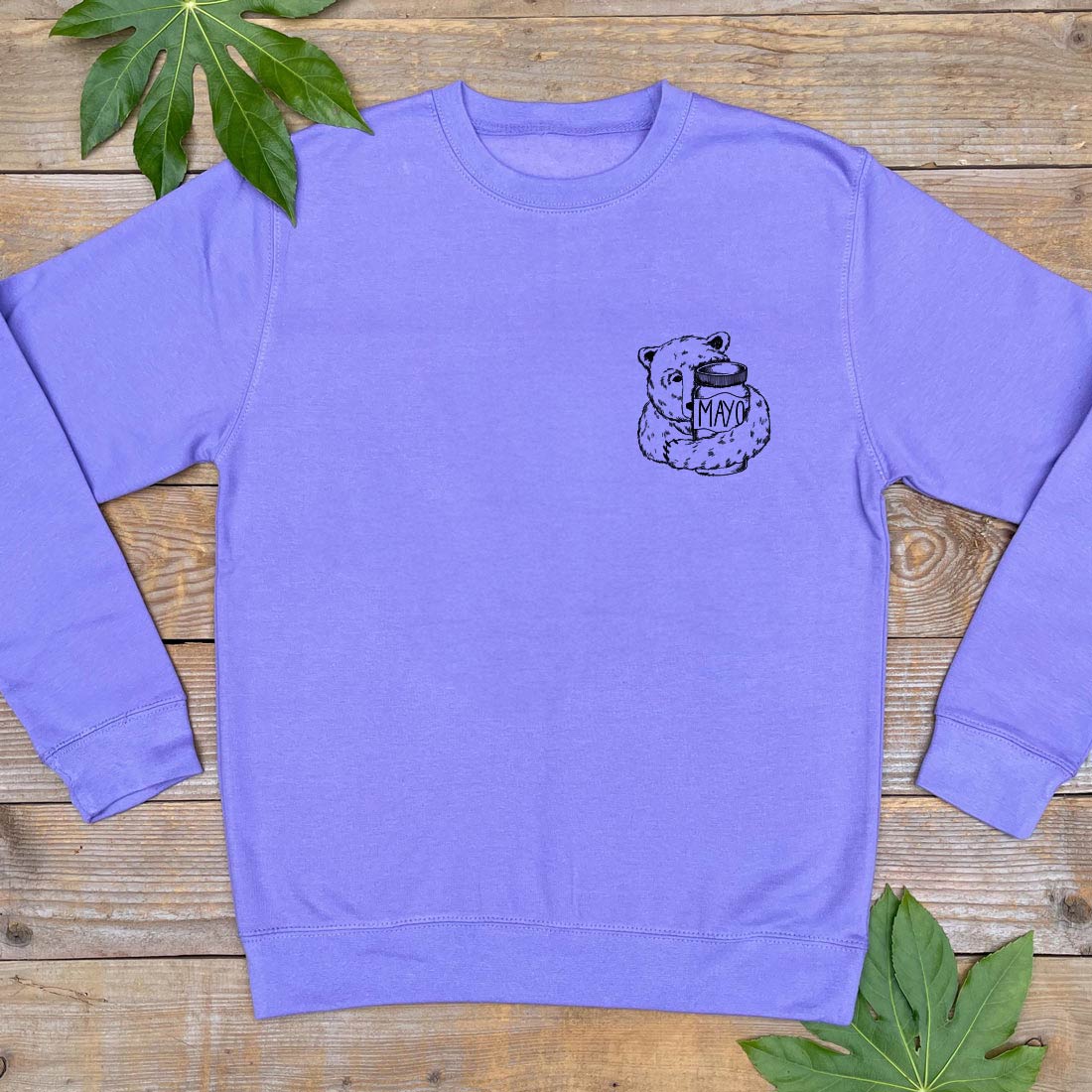 purple jumper with bear and mayo