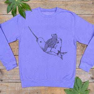 BEAR AND DINO RIDING A NARWHAL PURPLE JUMPER