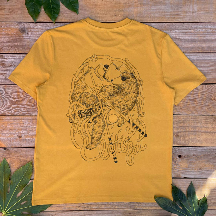 mustard tee with bear eating ramen noodles