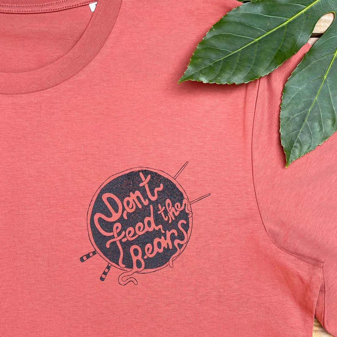 close up of brown tee and noodles design