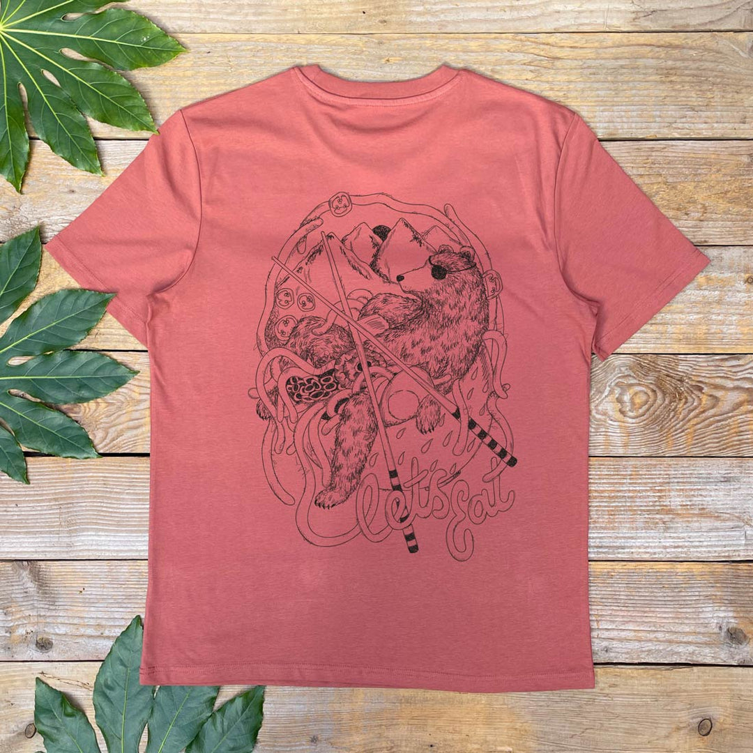 brown tshirt with bear eating noodles