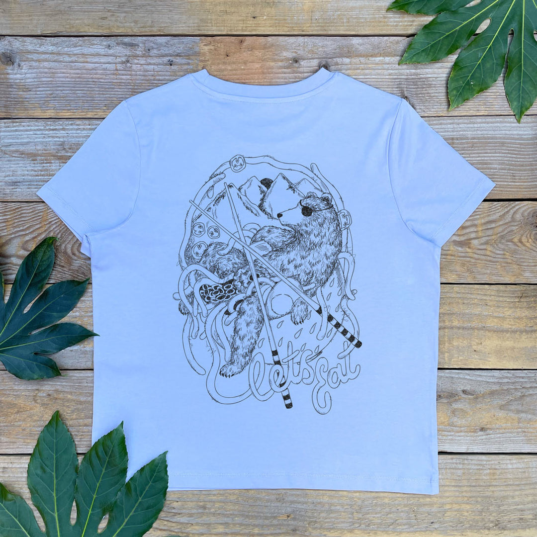 lilac womens tee wityh bear and ramen bowl