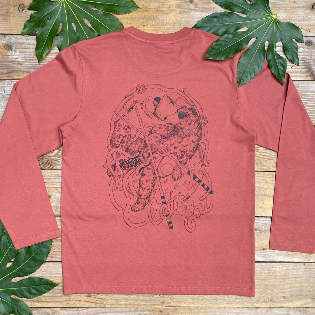 brown tee with bear and ramen
