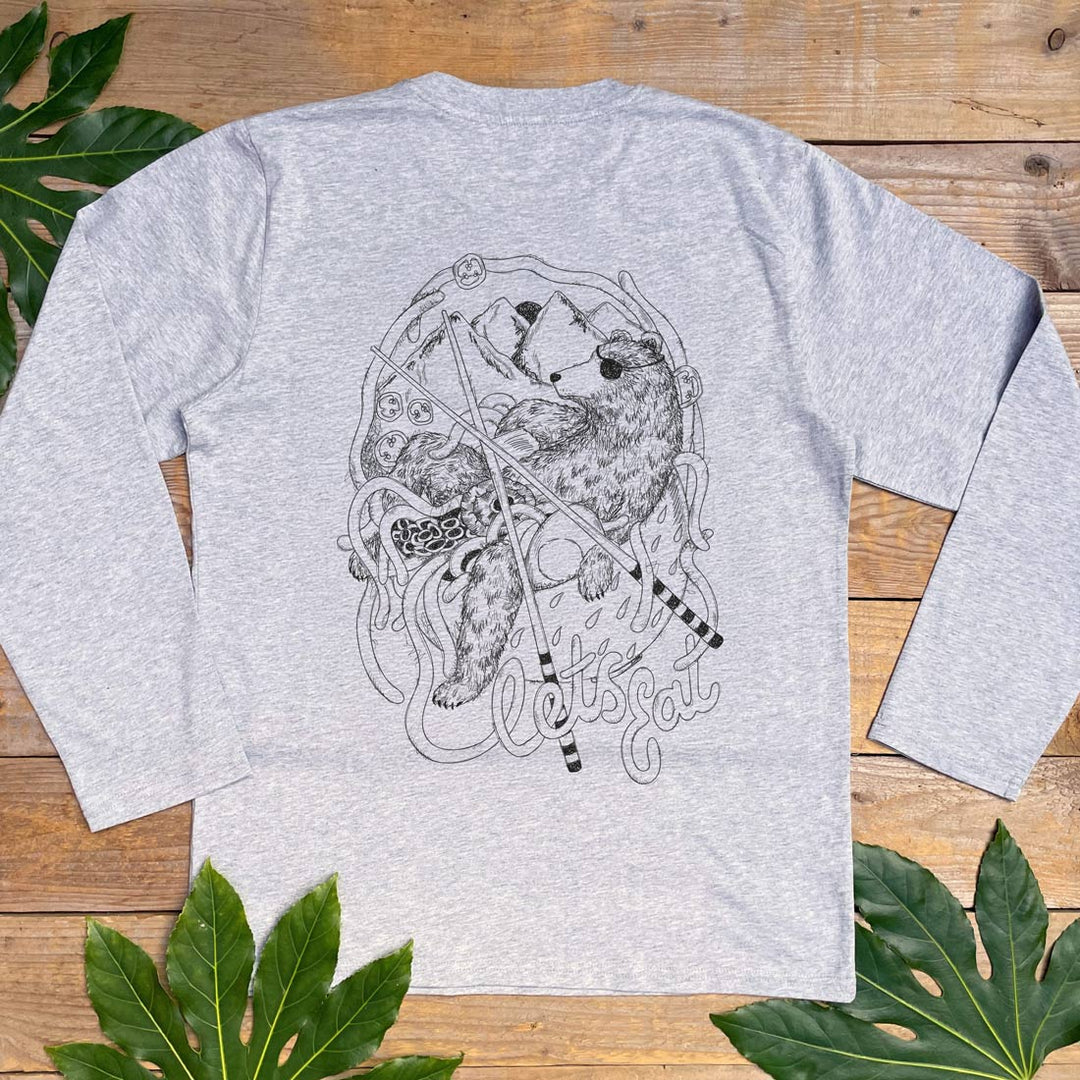 grey tee with bear and ramen bowl