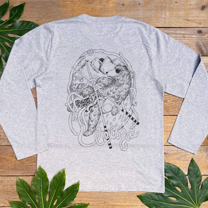 grey tee with bear and ramen bowl