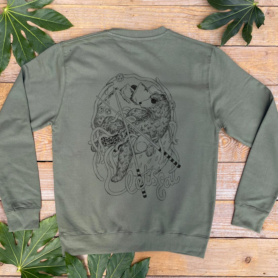 khaki jumper with bear and ramen design
