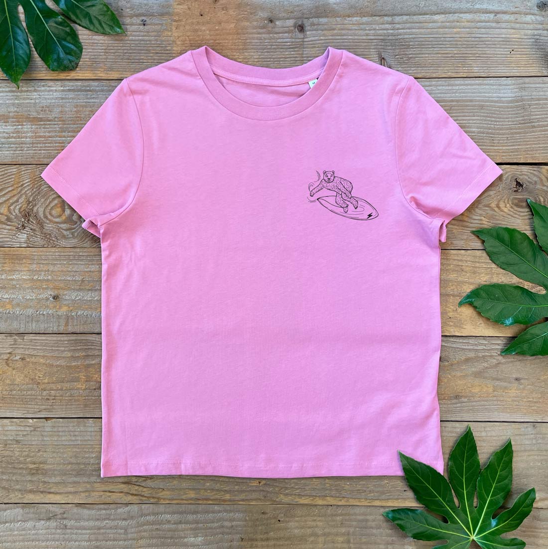 PINK TEE WITH BEAR SURFING