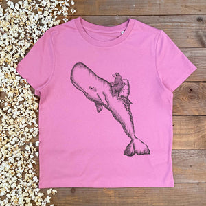 PINK TEE WITH BEAR AND DINOSAUR RIDING A WHALE