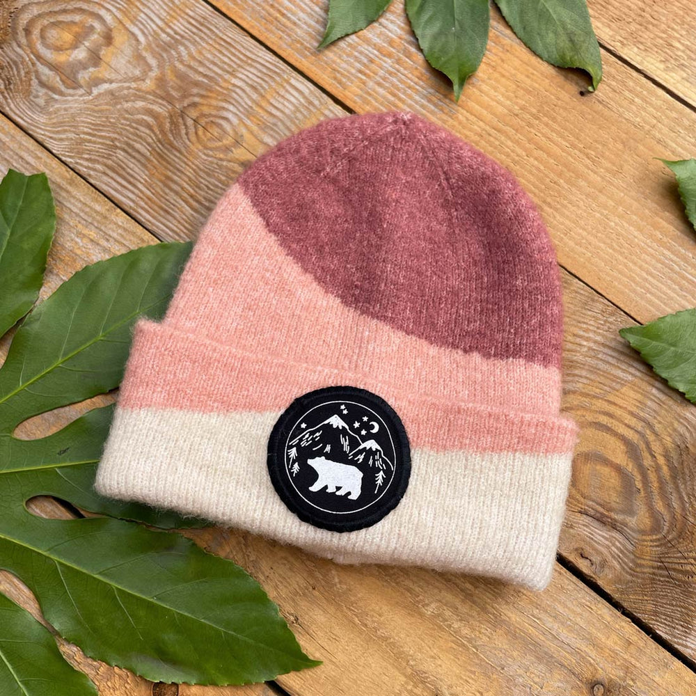 PINK HAT WITH BEAR AND MOUNTAIN PATCH