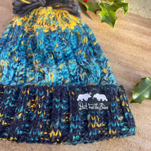 blue and teal chunky knit bobble hat