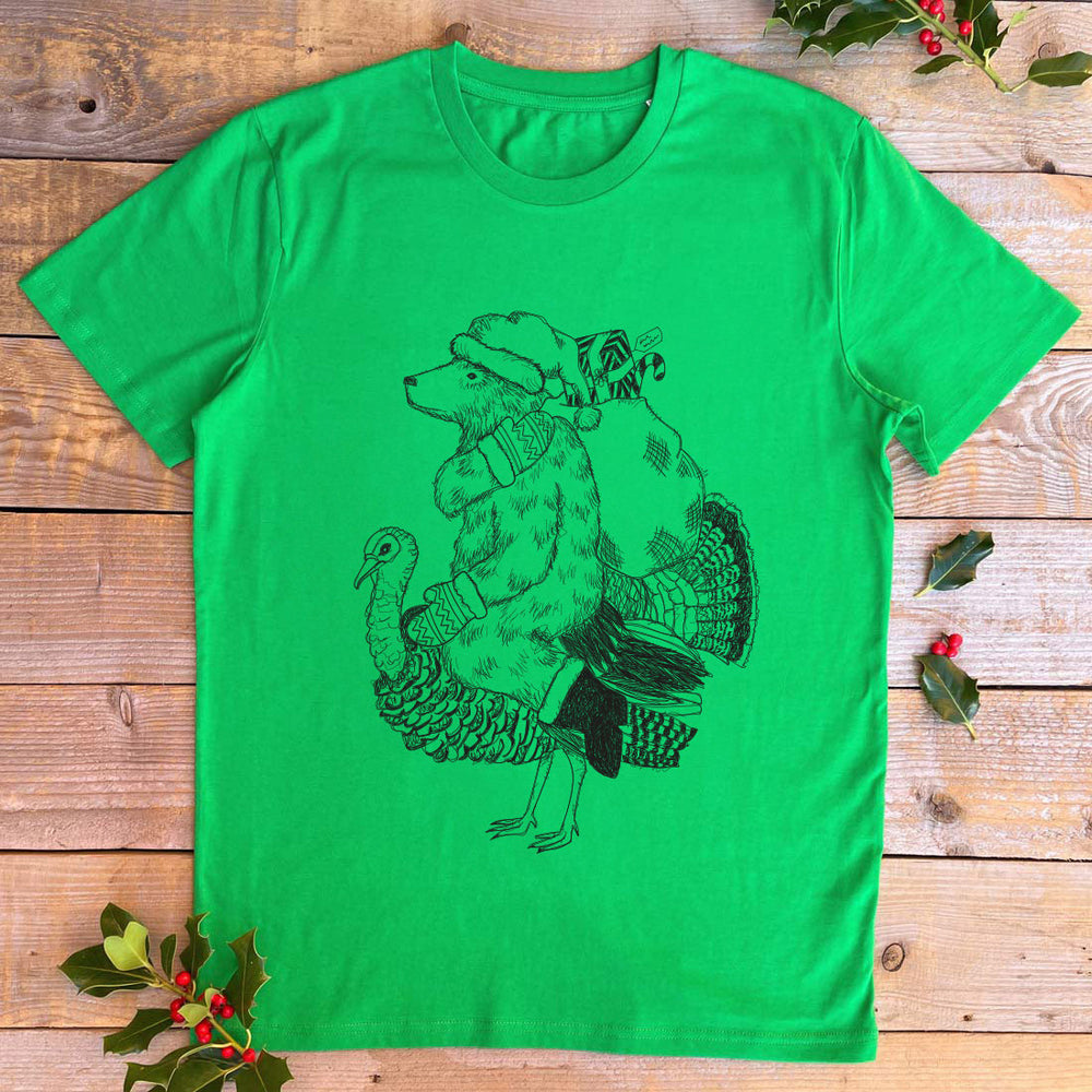 green tishirt with christmas turkey and bear design