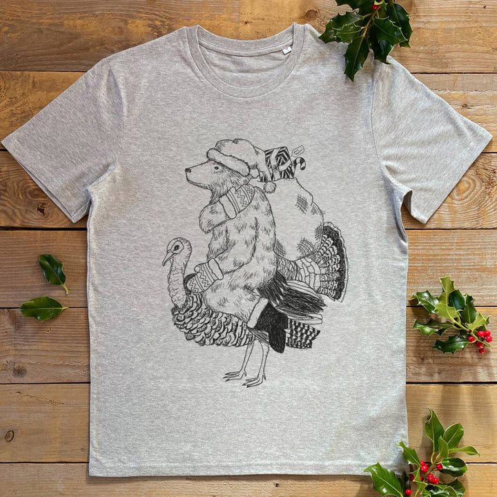 grey tshirt with turkey and bear