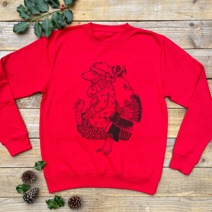 red christmas jumper with turkey design