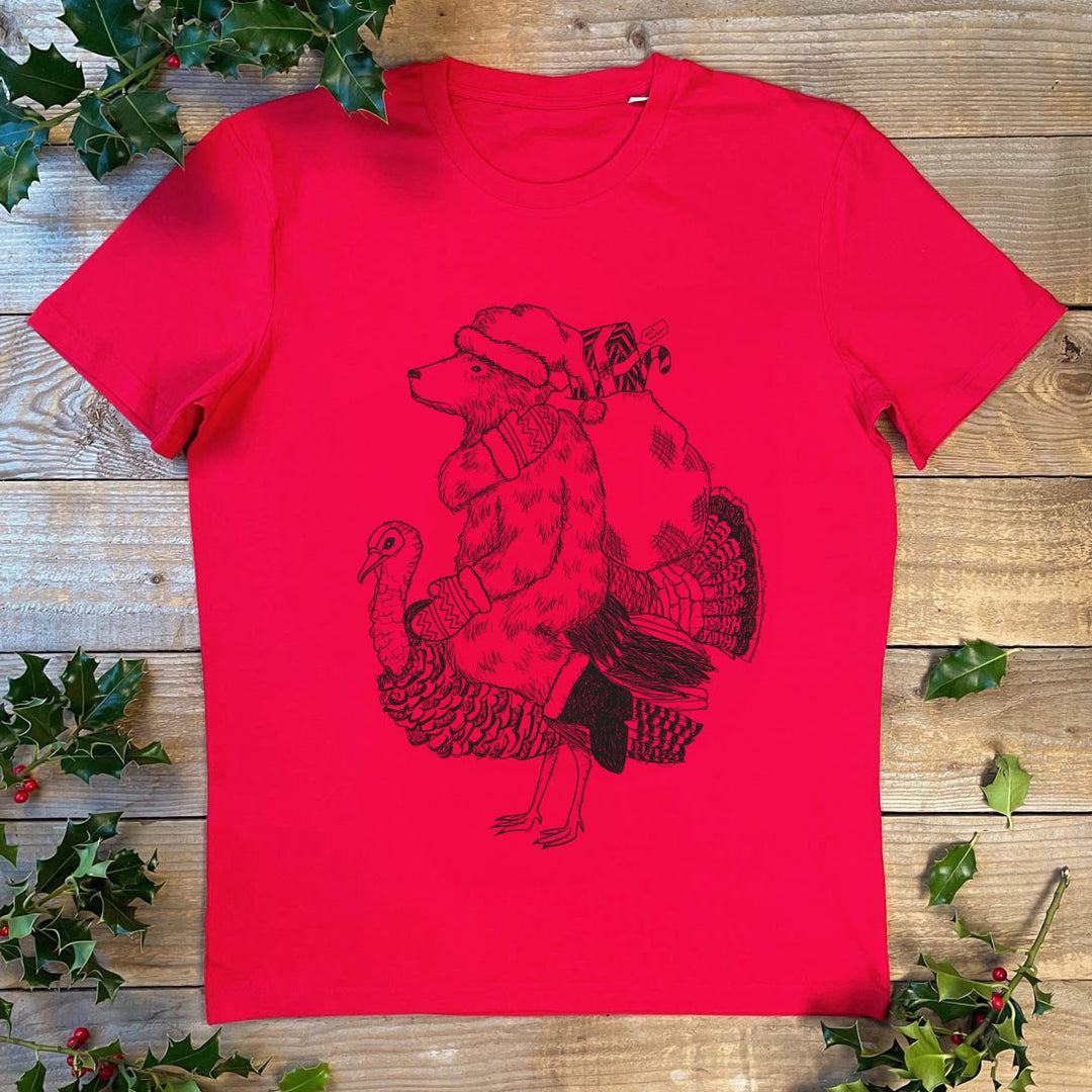 red chistmas tshirt with turkey and bear design
