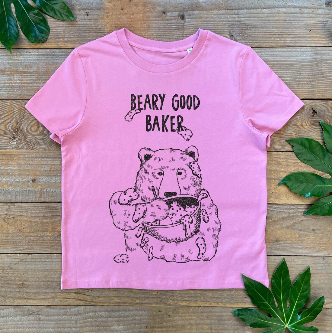 womens pink tee with bear and baking bowl