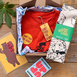 bear gift box with tea towel, chocolare bar and gift card