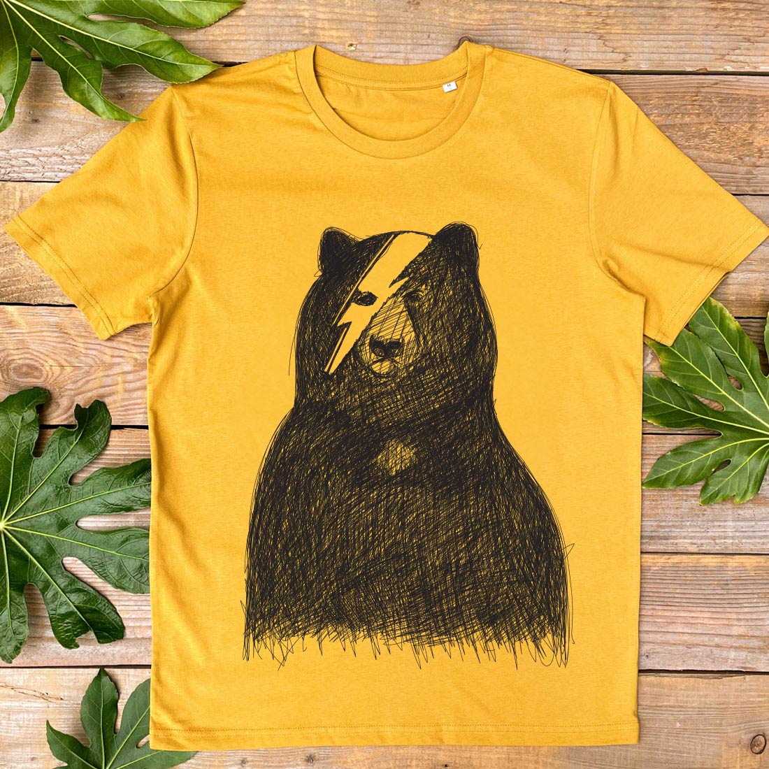 bear with bowie flash on eye mustard tshirt