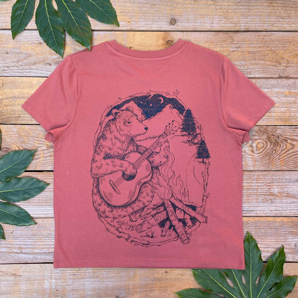 brown tee with bear and campfire design