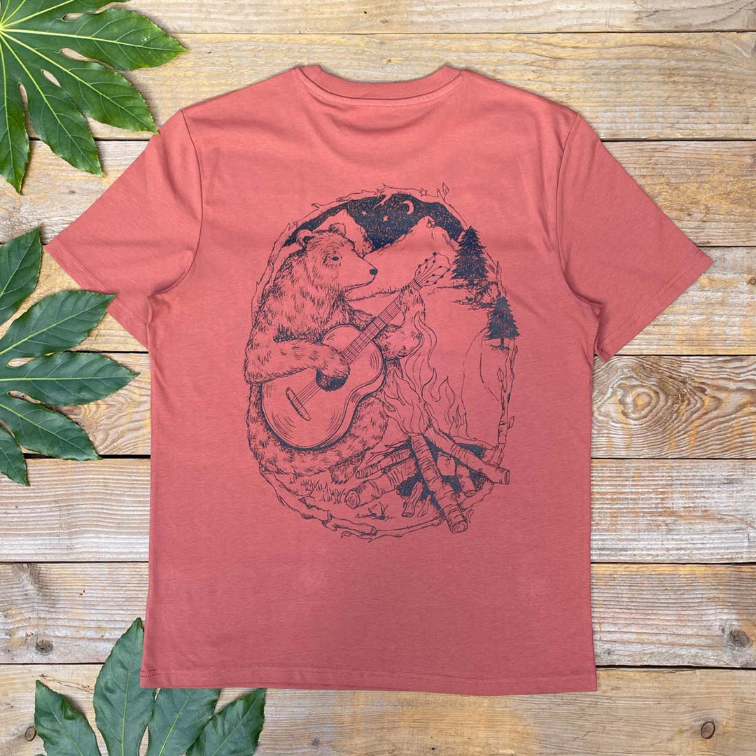brown tee with bear playing guitar around a campfire
